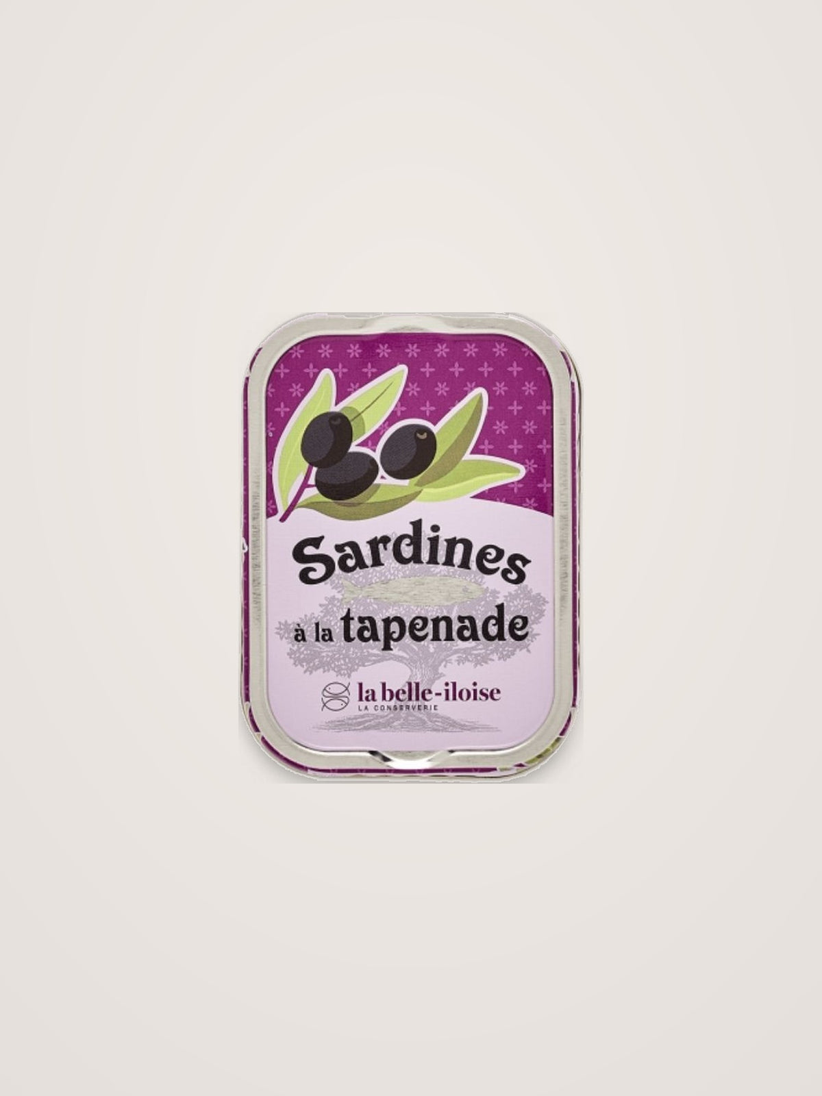 Tin of sardines with tapenade featuring purple packaging with black olive illustration