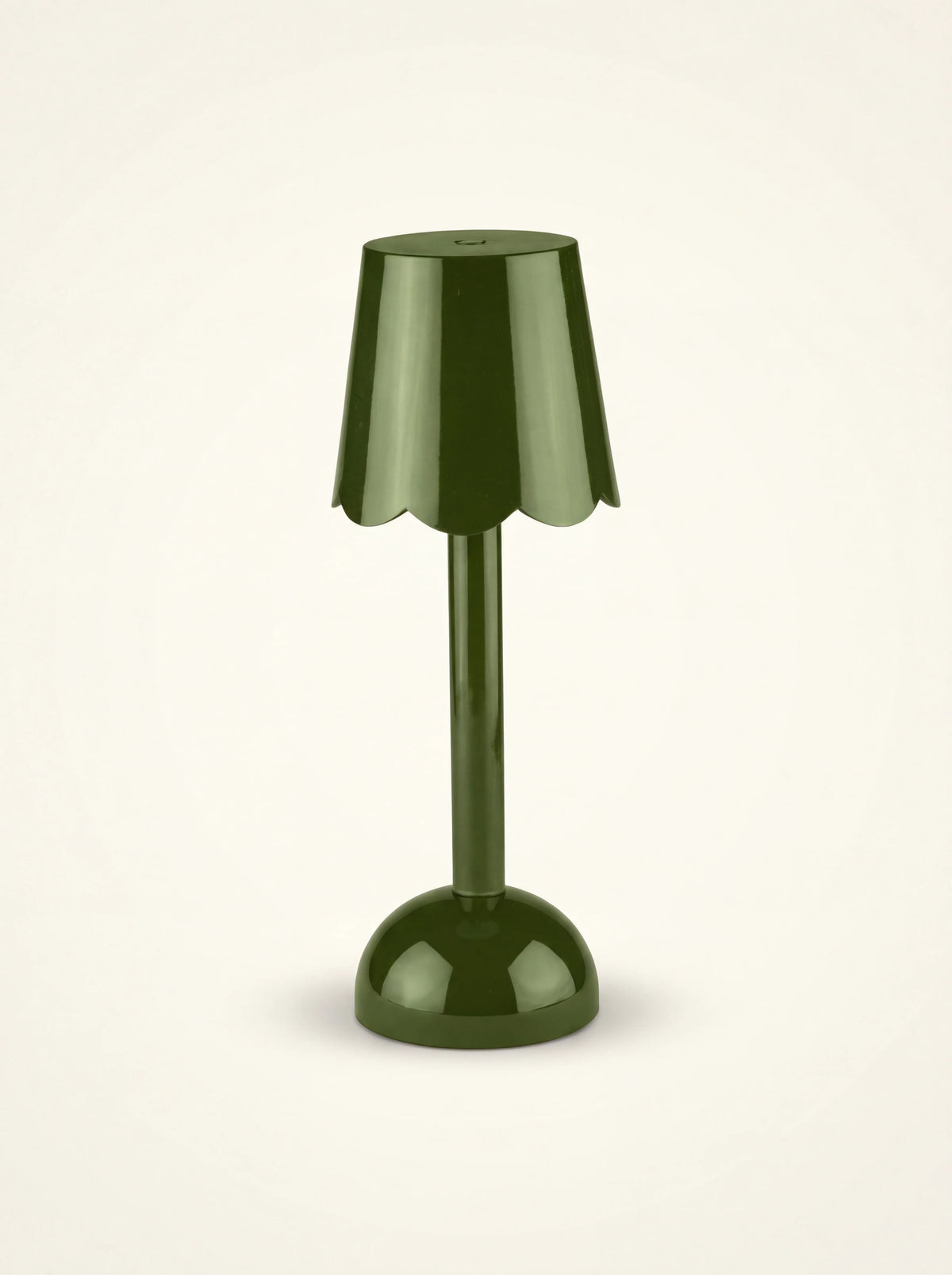 Khaki green glossy LED lamp with a scalloped-edge shade and a rounded base