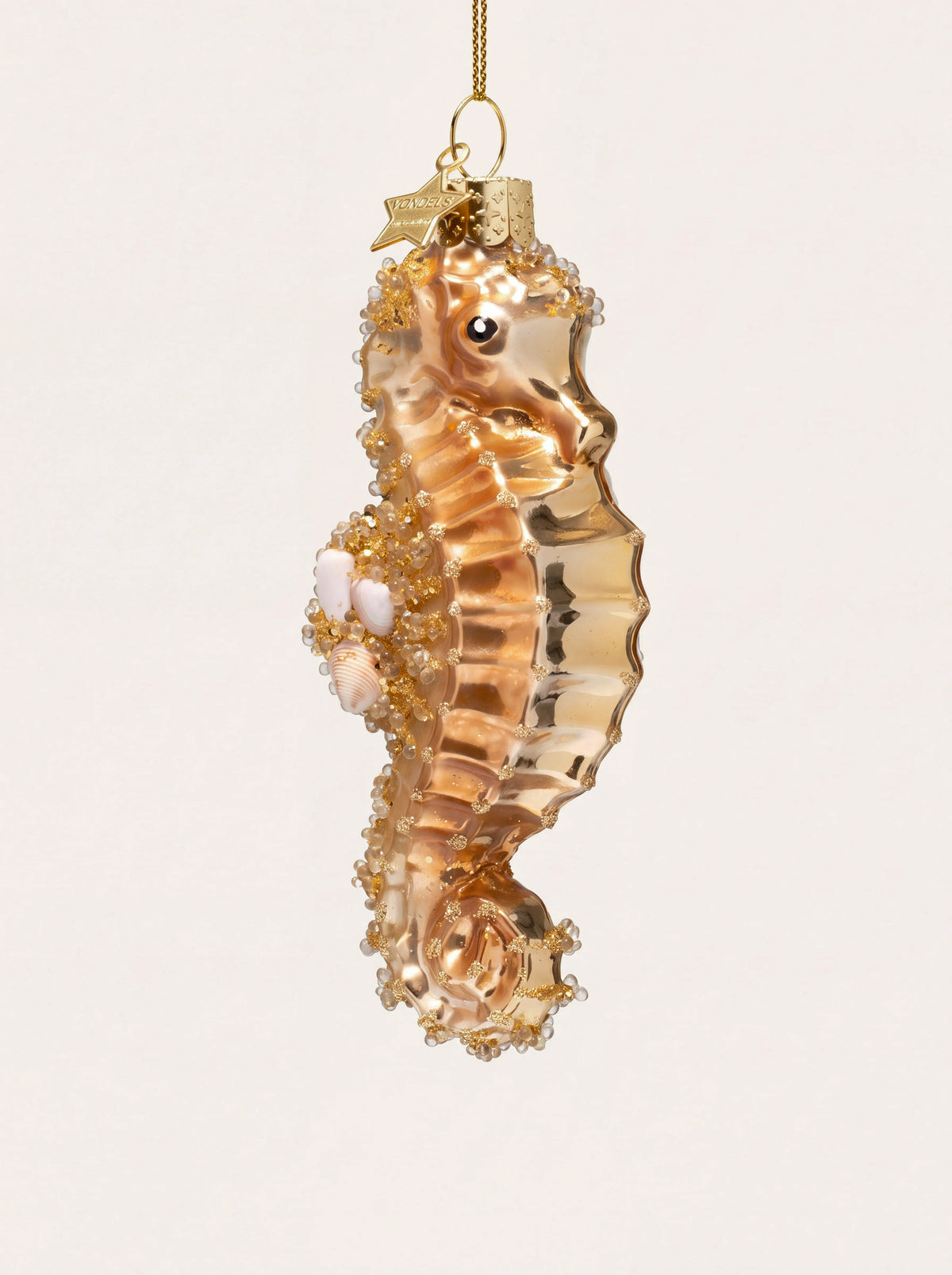 Gold glass seahorse ornament decorated with glitter, clear beads and miniature shells