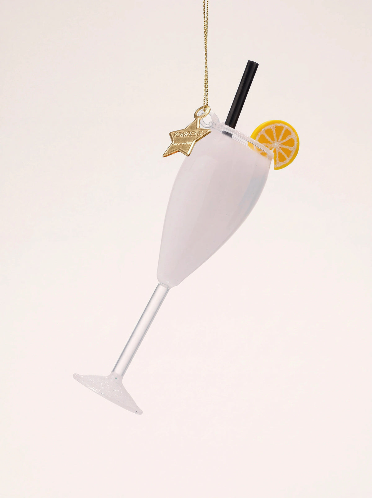 Glass cocktail ornament shaped as a sgroppino flute with a white finish, lemon slice and straw