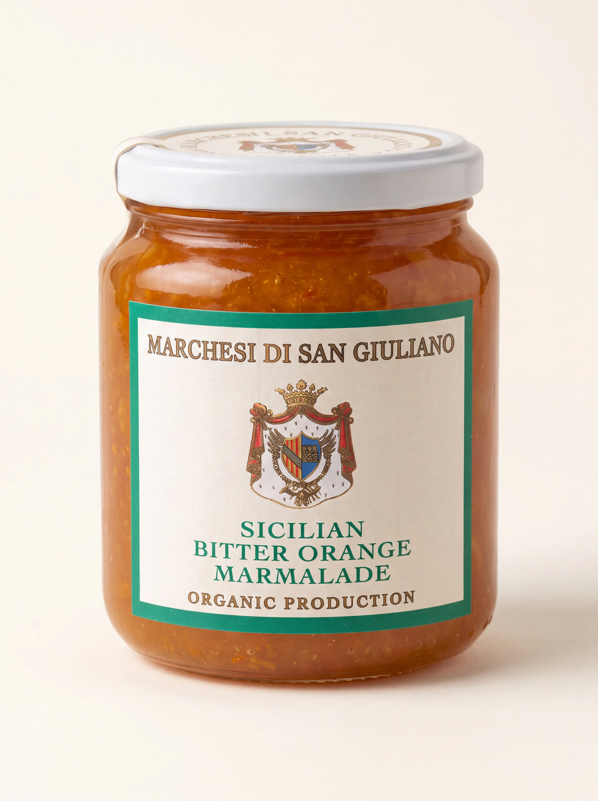 Glass jar of bitter orange marmalade labelled Marchesi di San Giuliano Sicilian Bitter Orange Marmalade
