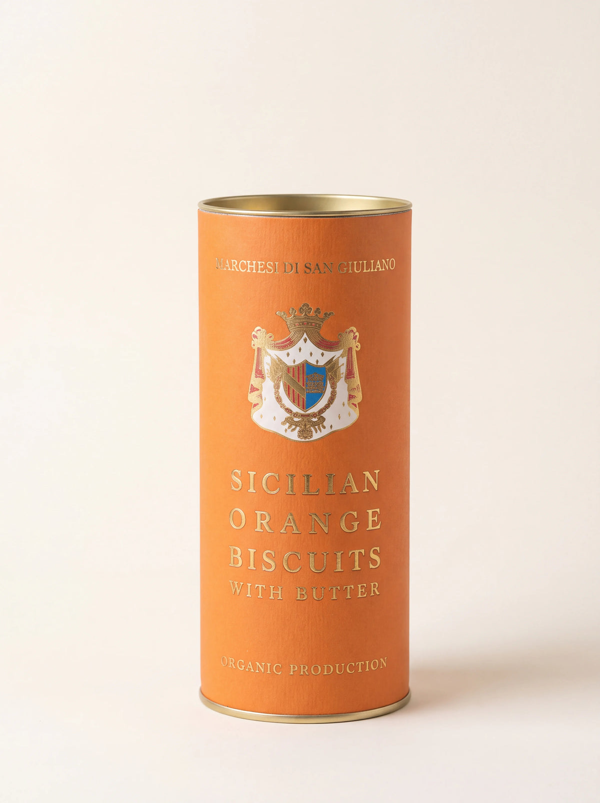 Orange cylindrical tin of Sicilian Orange Biscuits with Butter, featuring a crest and gold-tone metal trim