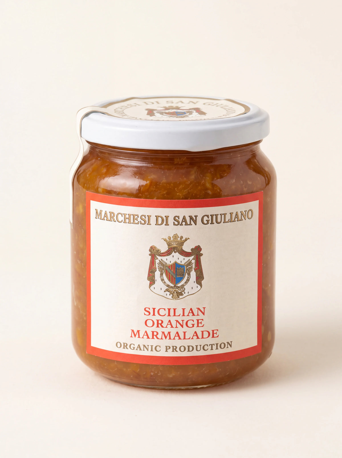 Organic Sicilian orange marmalade in a glass jar, labelled Marchesi di San Giuliano