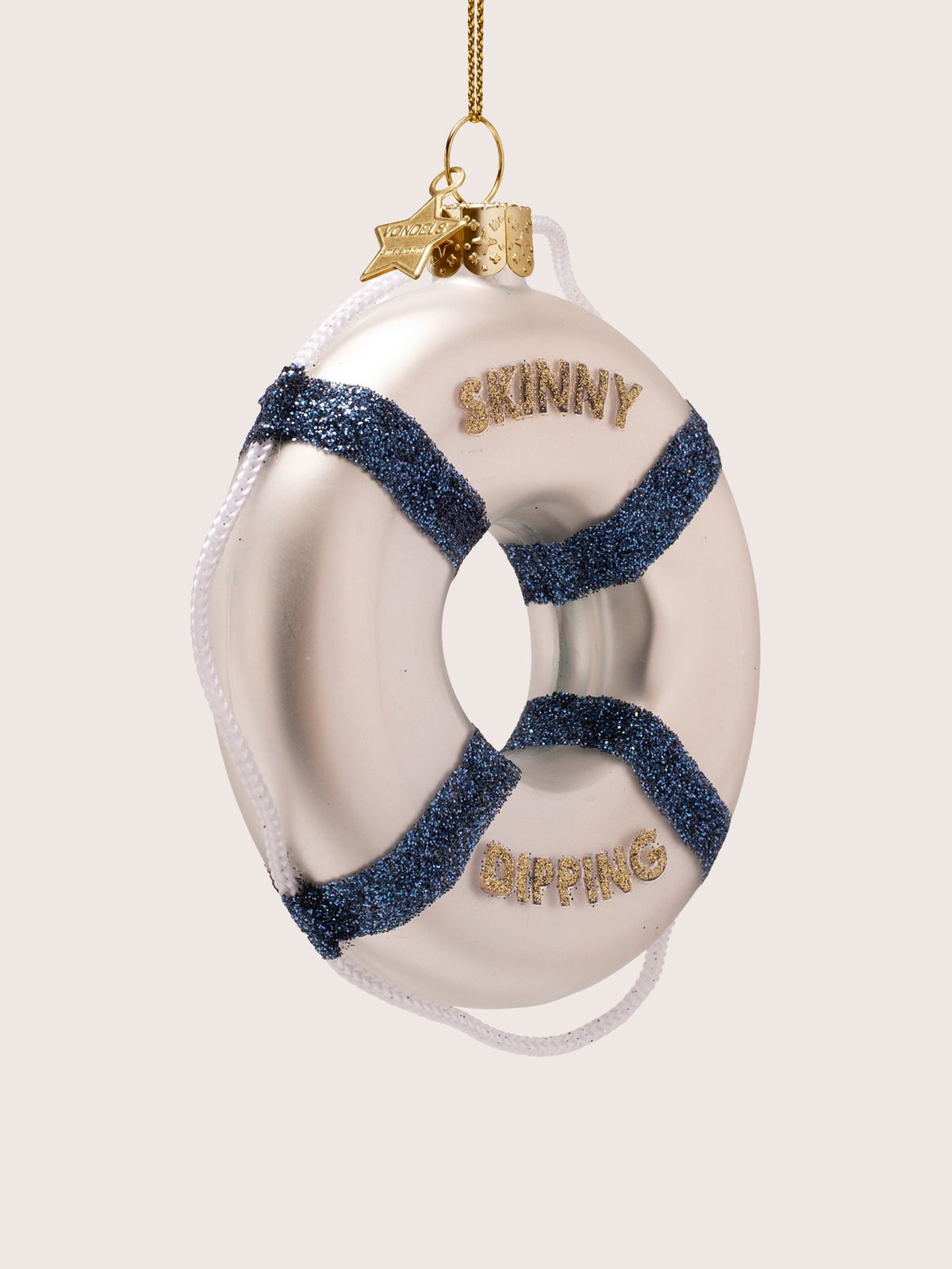 Three-quarter view of the lifebuoy ornament showing its rounded form and pearlescent sheen