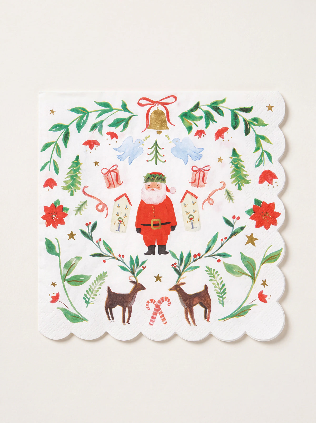White scalloped paper napkin with festive illustrations of Santa Claus, reindeer, doves and foliage