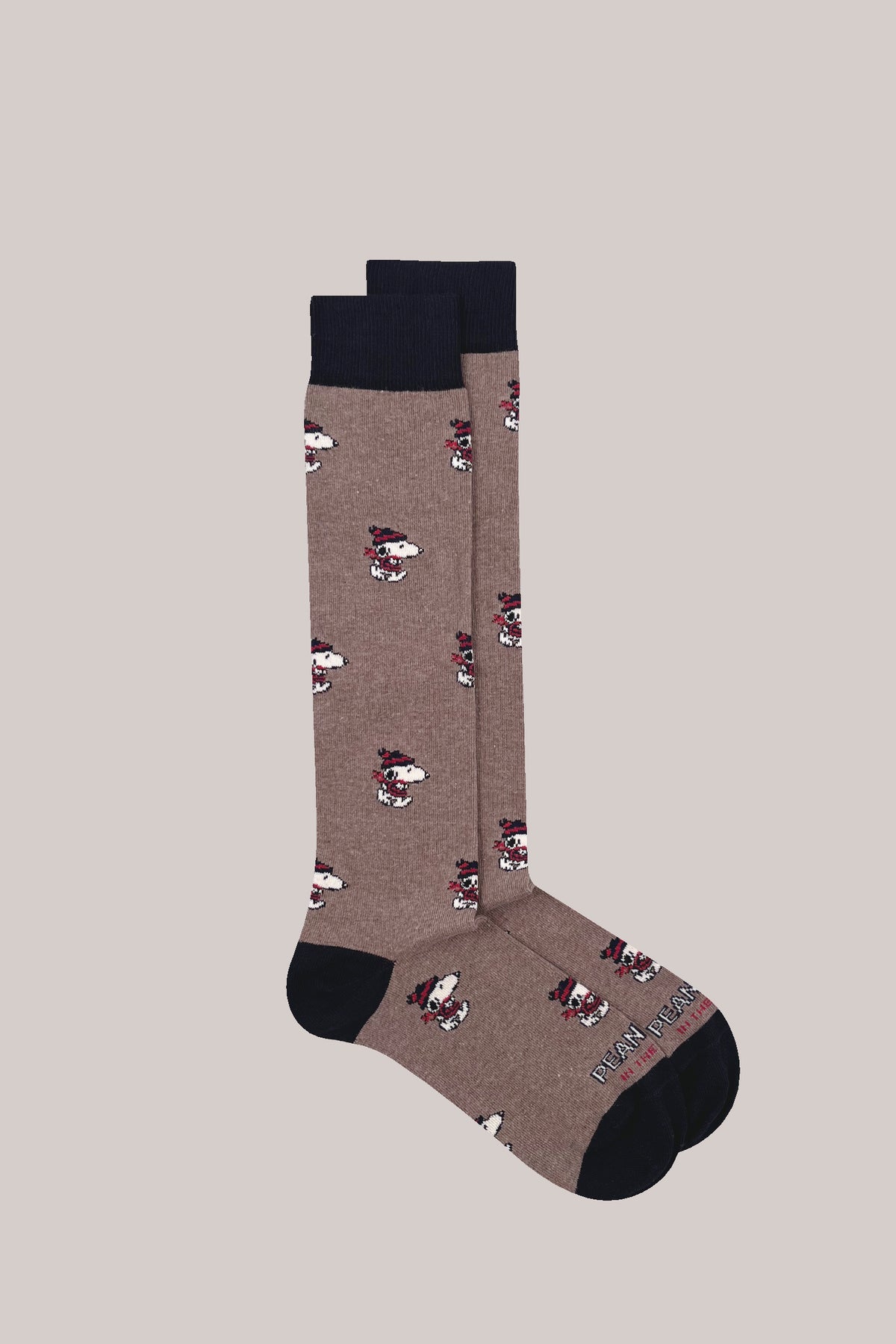 Brown cotton-blend calf socks featuring an all-over Snoopy motif with dark contrasting cuffs, heels and toes