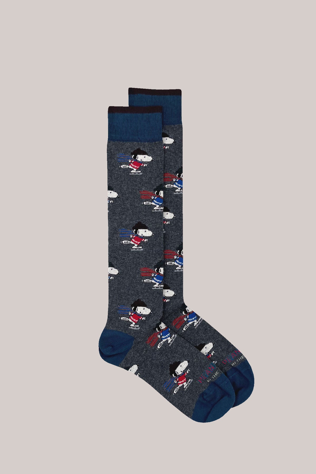 Dark grey cotton socks with an ice-skating Snoopy motif and contrasting blue cuffs, heels and toes