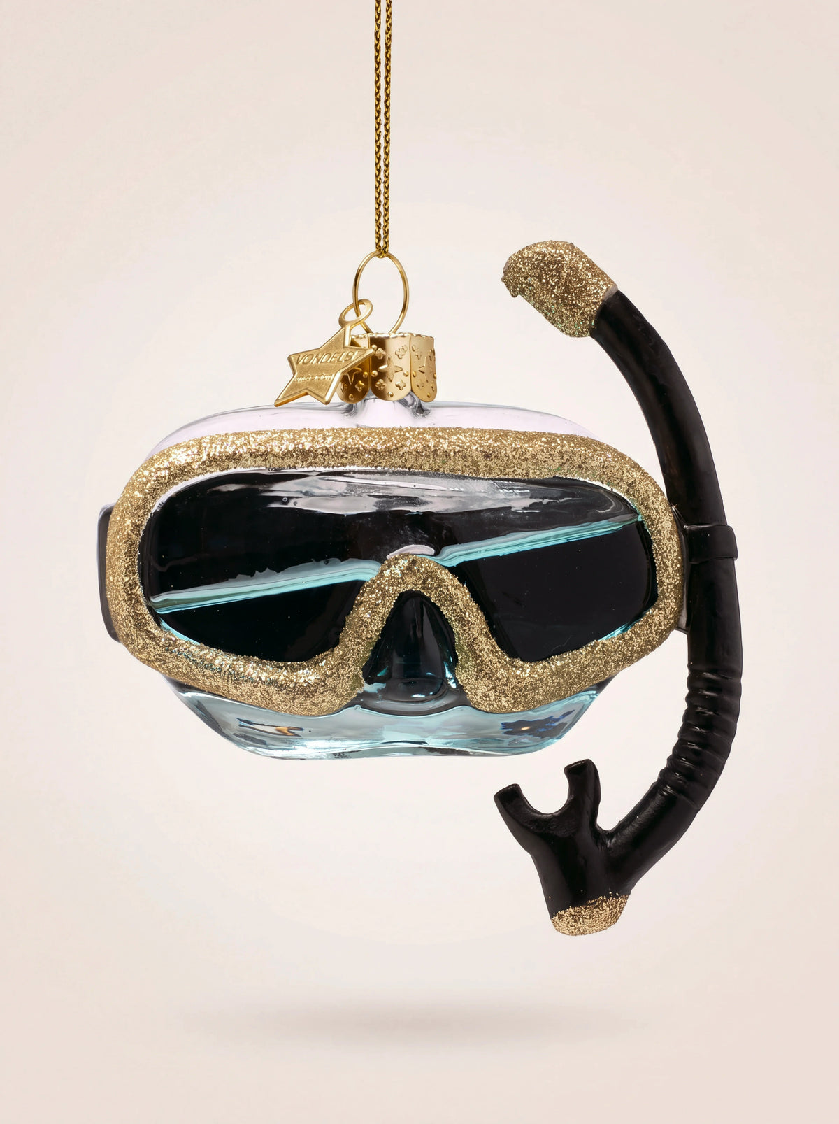 Glass snorkel mask ornament with gold glitter trim, black snorkel and Vondels star tag