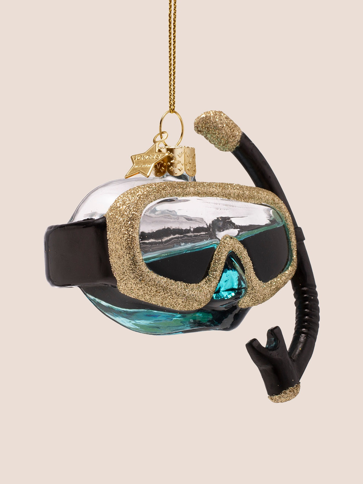 Three-quarter view of the snorkel mask ornament showing the curved glass and side strap