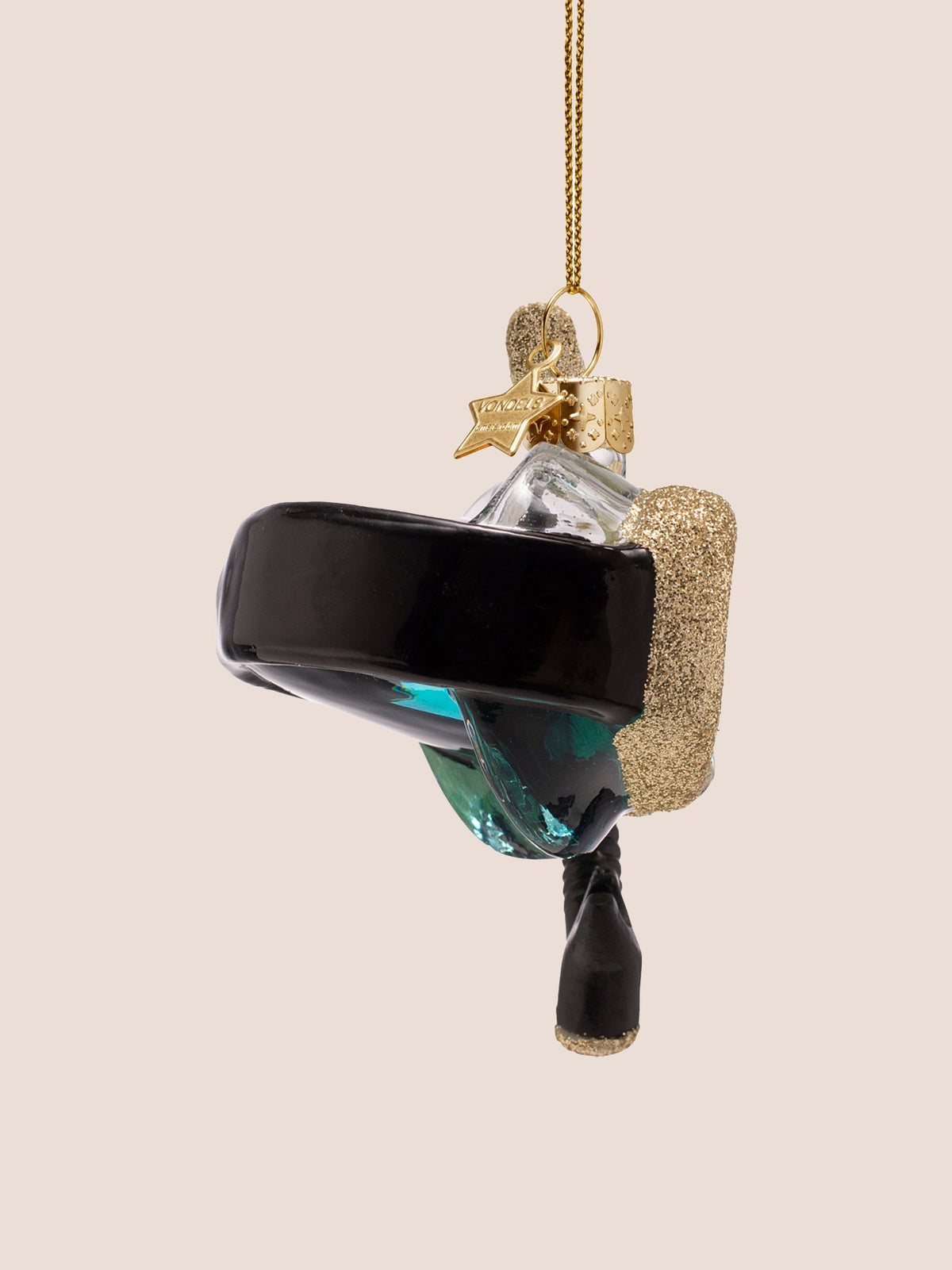 Side profile of the snorkel mask ornament showing the wide black strap and mask depth