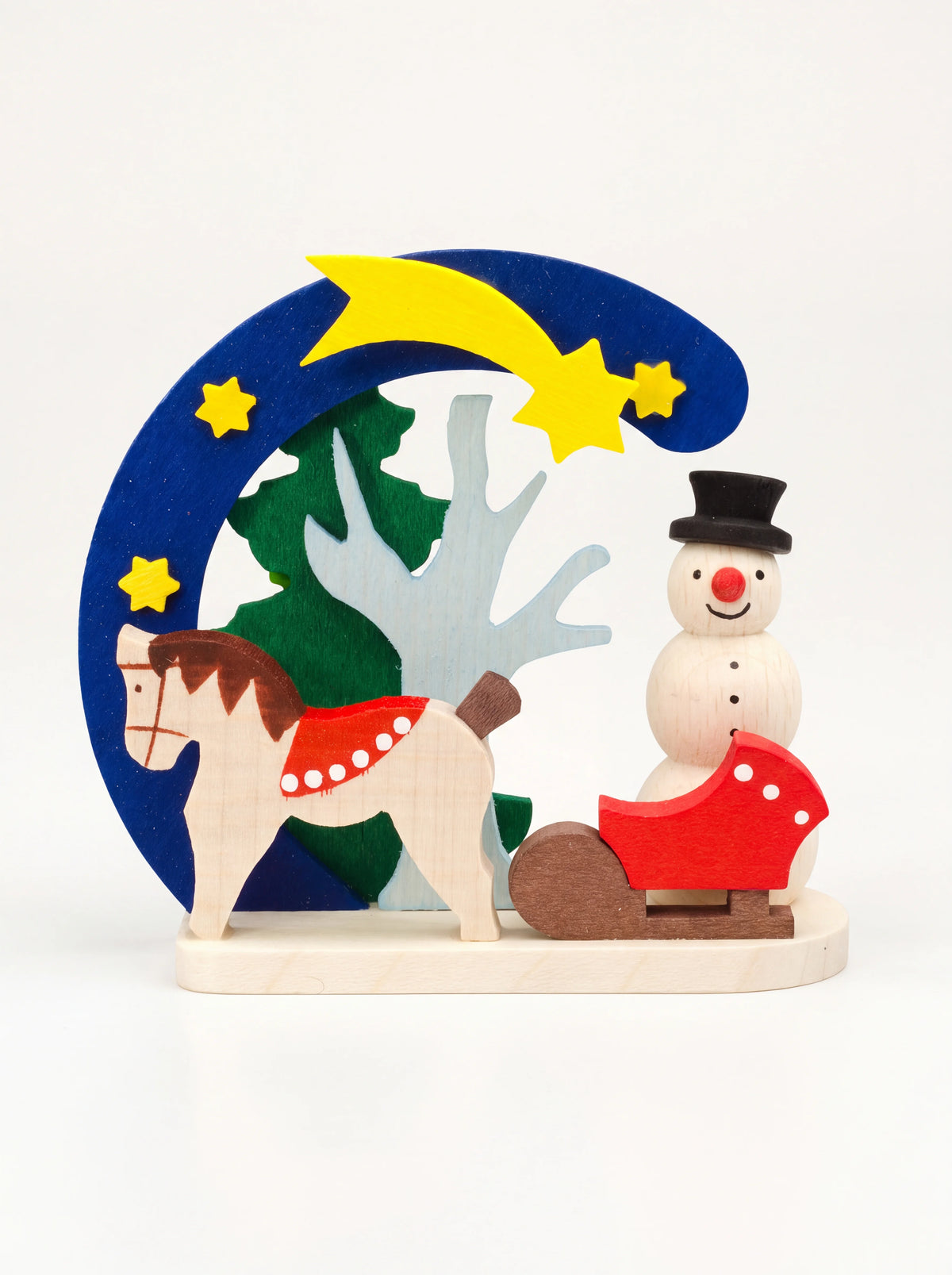 Sycamore wood ornament featuring a snowman, horse, red sledge, and a blue arch with yellow stars