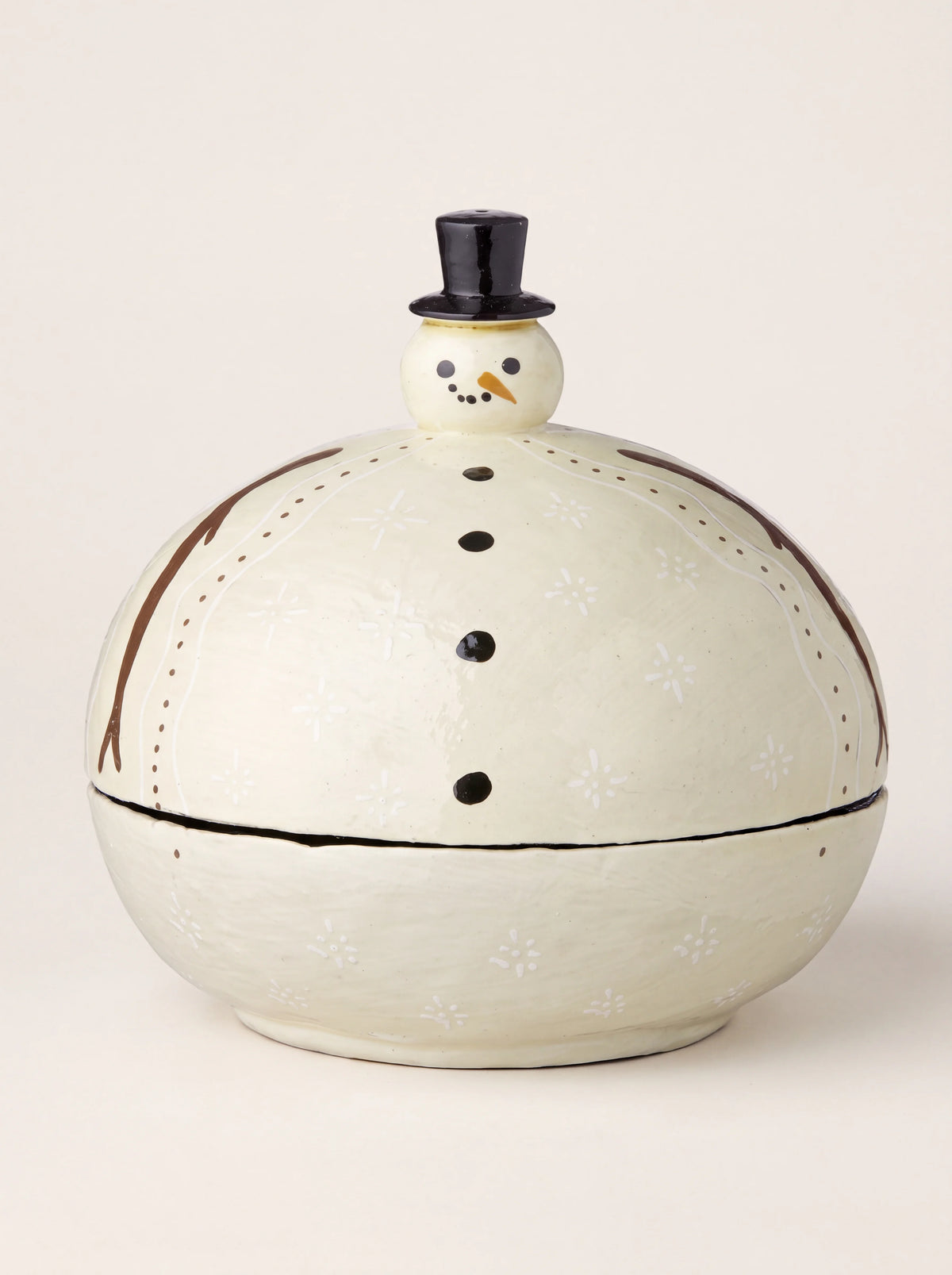 Round ivory papier-mâché box with a snowman lid featuring a black top hat and painted buttons