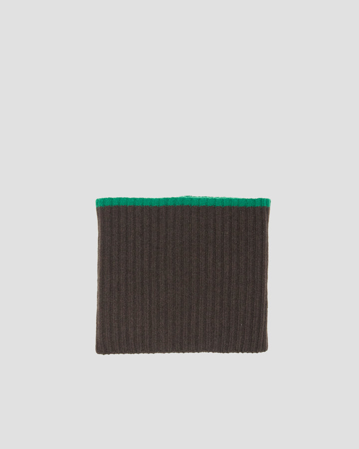 Brown merino wool ribbed tubular scarf laid flat, with a contrasting green top edge