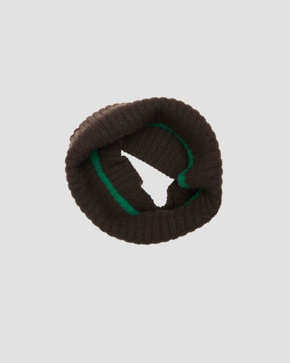 Brown merino wool tubular scarf viewed from above, showing its circular hollow opening
