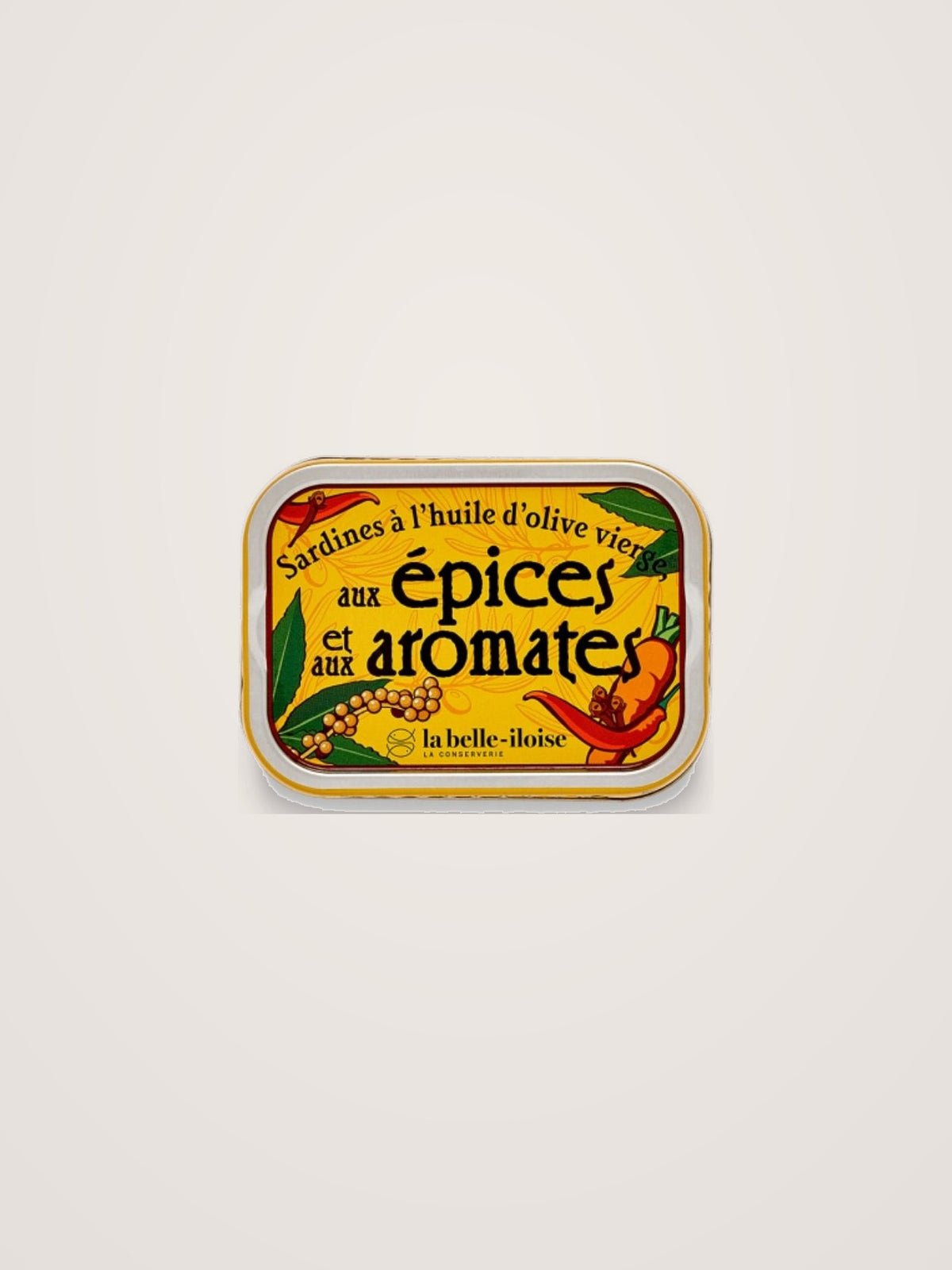 Spiced sardine tin with yellow lid reading Sardines à l'huile d'olive vierge aux épices et aux aromates
