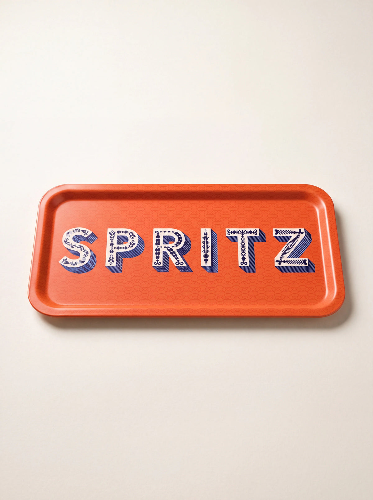 Rectangular orange birch wood tray with rounded corners and decorative blue lettering reading SPRITZ