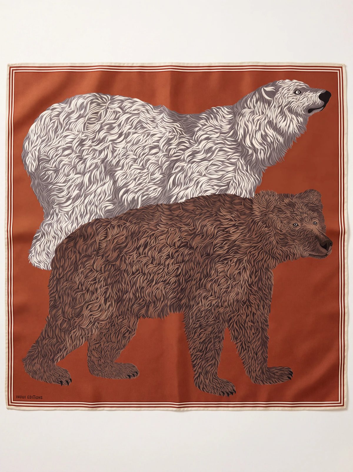 Square orange wool scarf printed with a white and brown bear, striped border and INOUI EDITIONS text