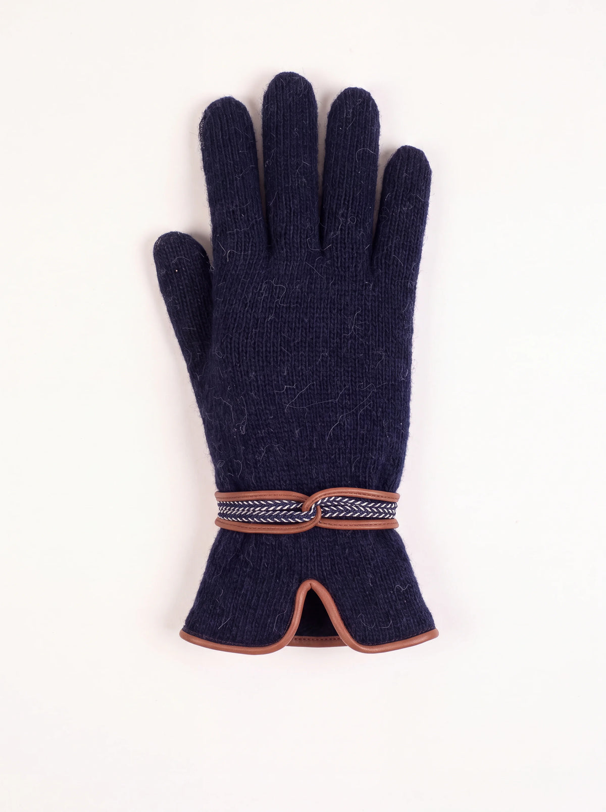 Navy blue knitted wool and cashmere glove with a patterned wrist strap and tan piped notched cuff