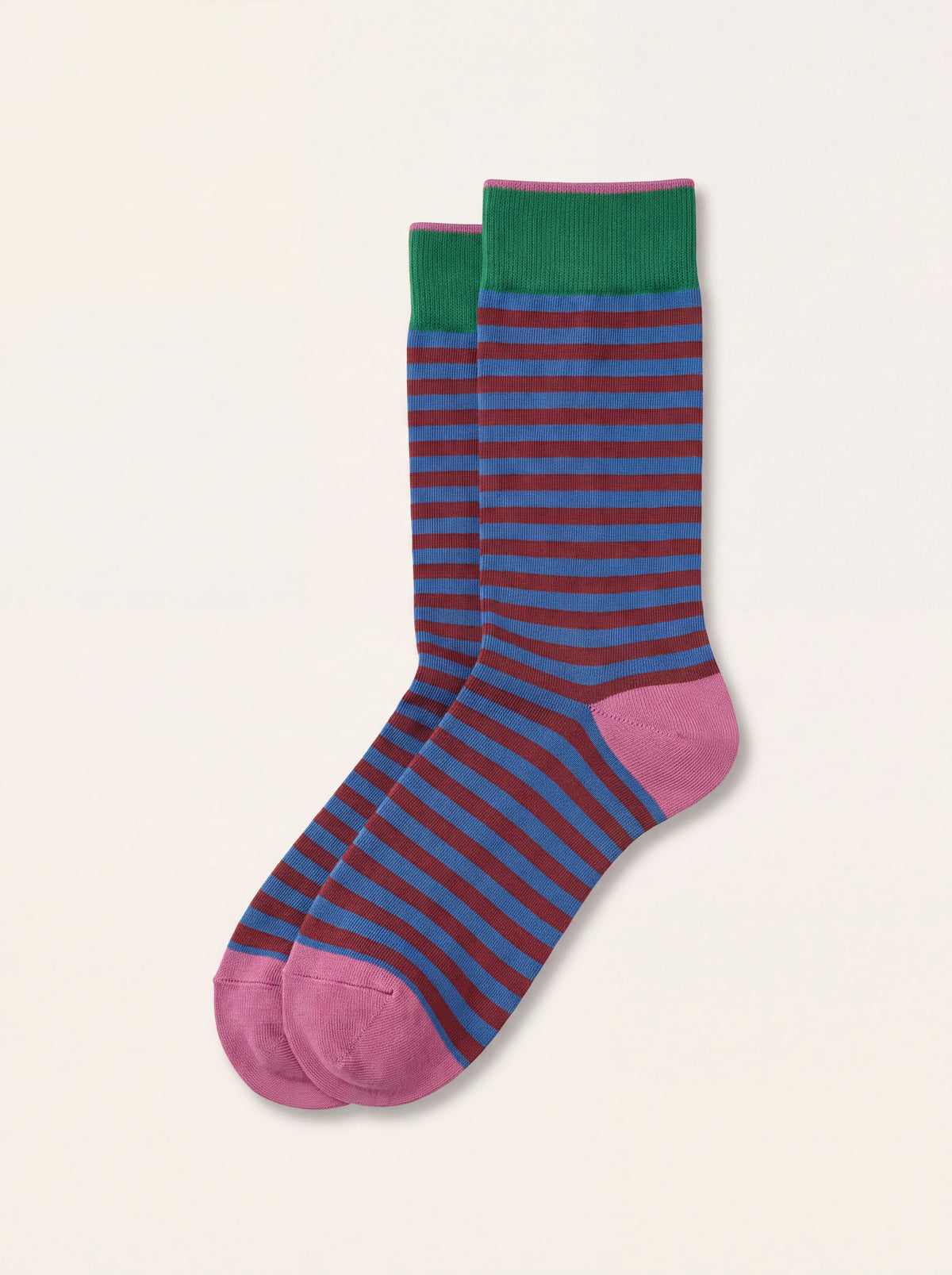 Cotton-blend socks with cobalt and dark red stripes, green ribbed cuffs and pink heels and toes
