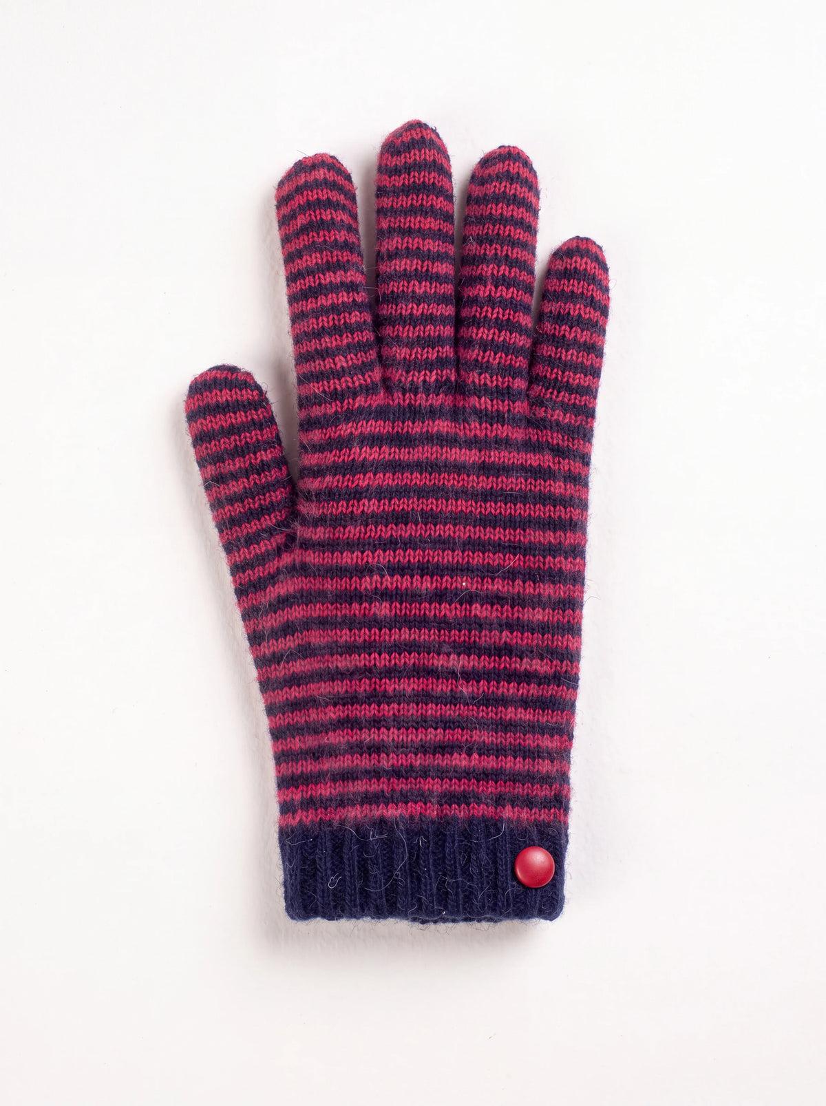 Knitted wool glove in pink and navy horizontal stripes, with ribbed navy cuff and red button detail