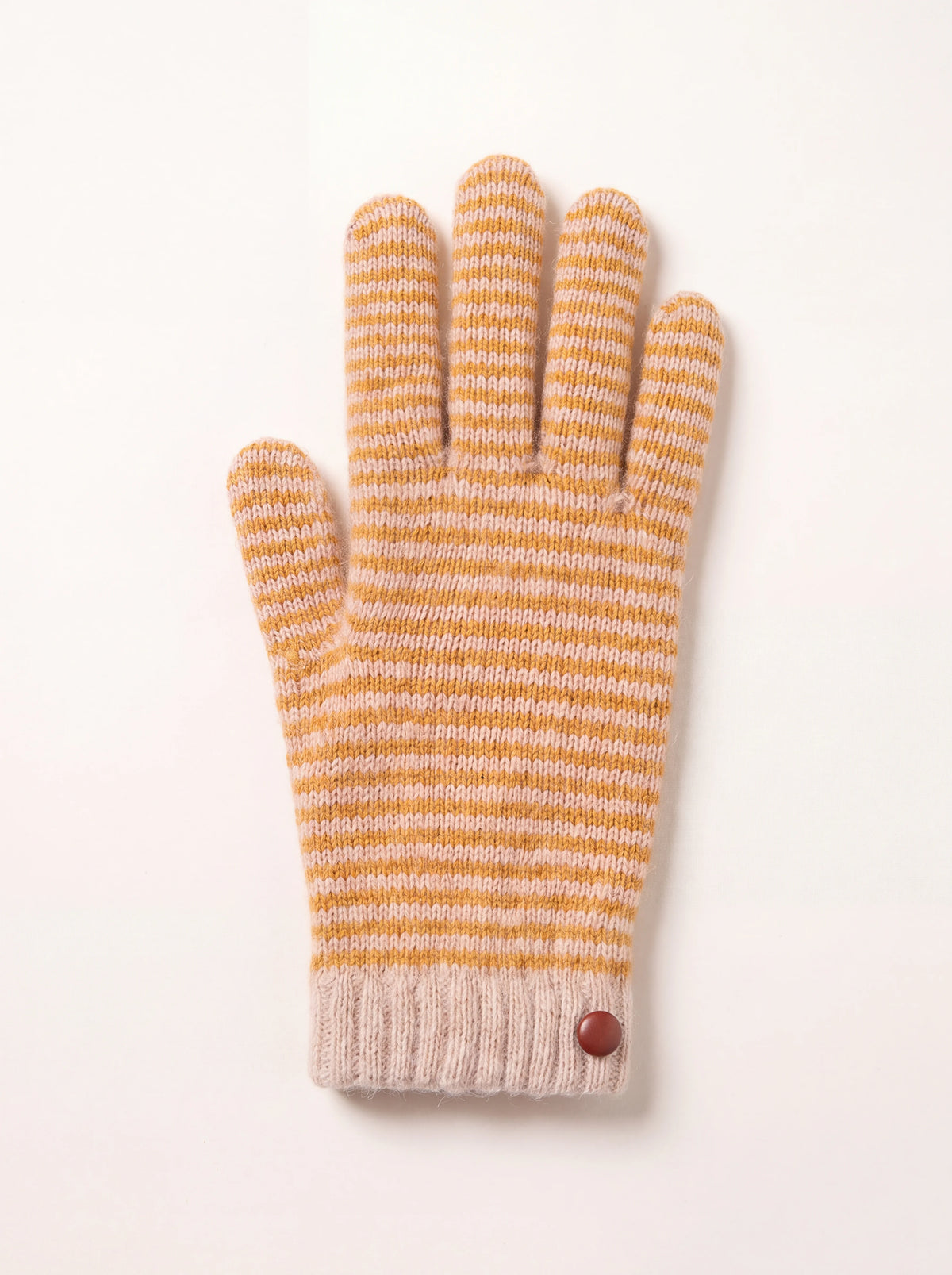 Knitted glove with mustard and beige stripes, ribbed cuff and small decorative button