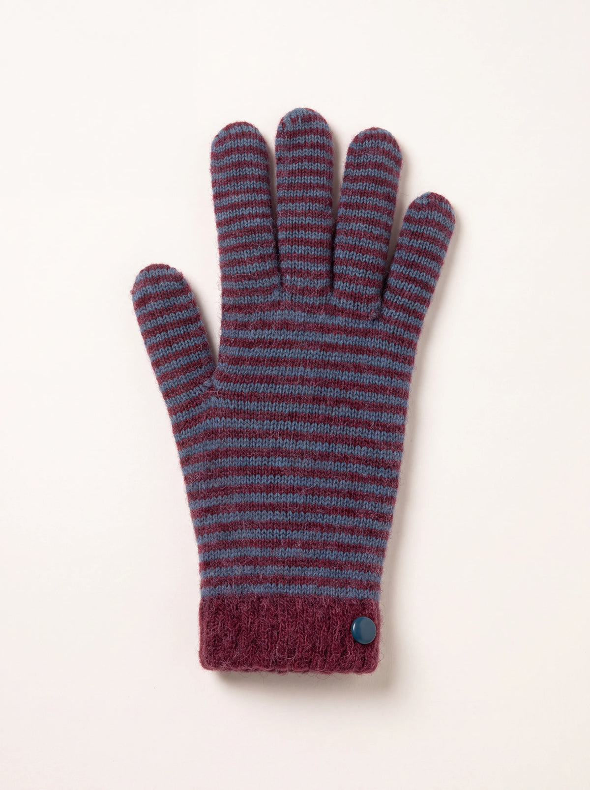 Striped wool and cashmere glove in burgundy and slate blue with a textured cuff and round blue button