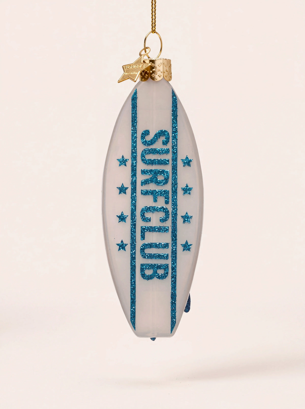 White glass surfboard ornament with blue glitter stripes, stars and SURFCLUB lettering