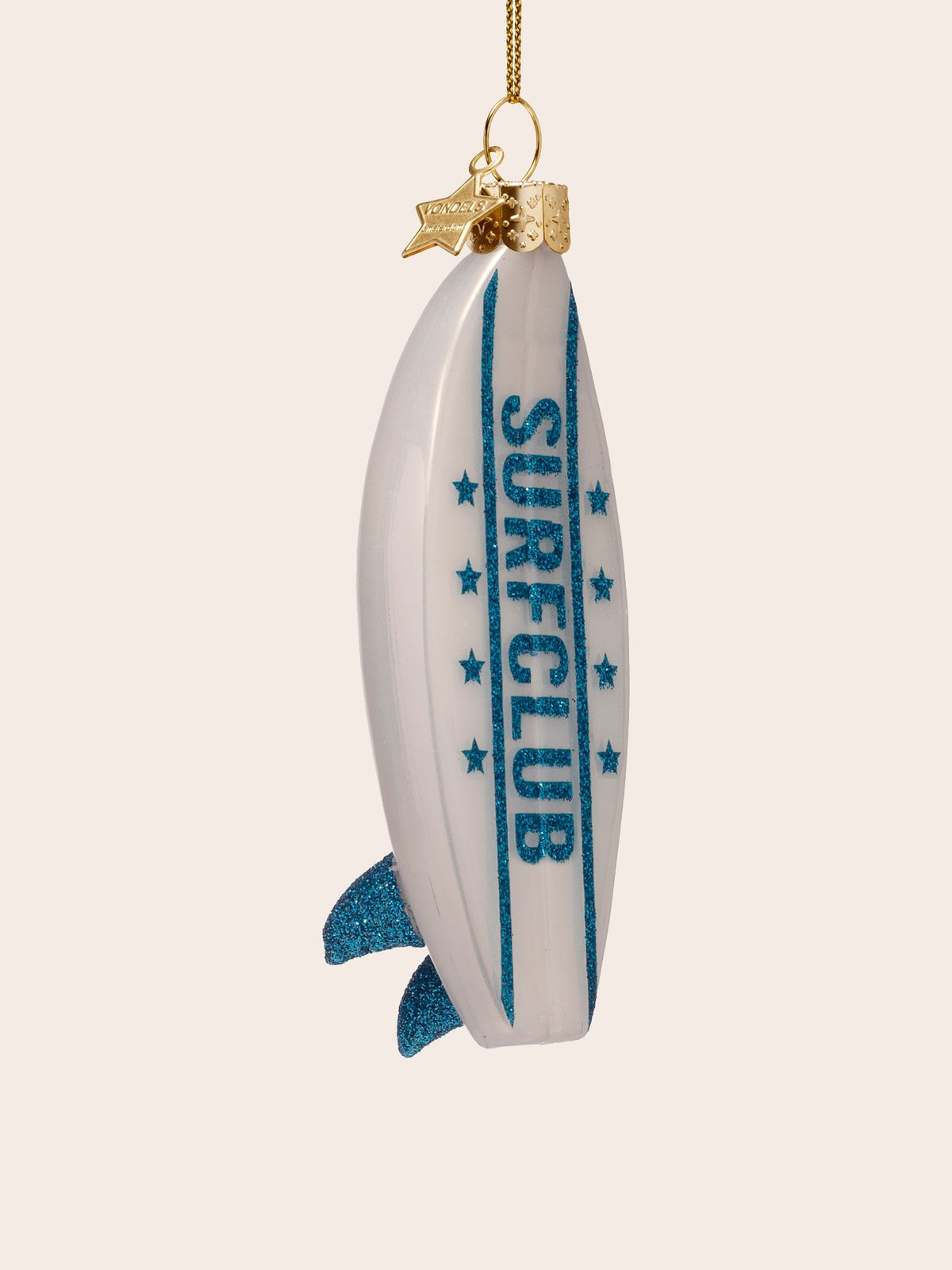 Glass surfboard ornament angled to show two blue glitter fins on the reverse