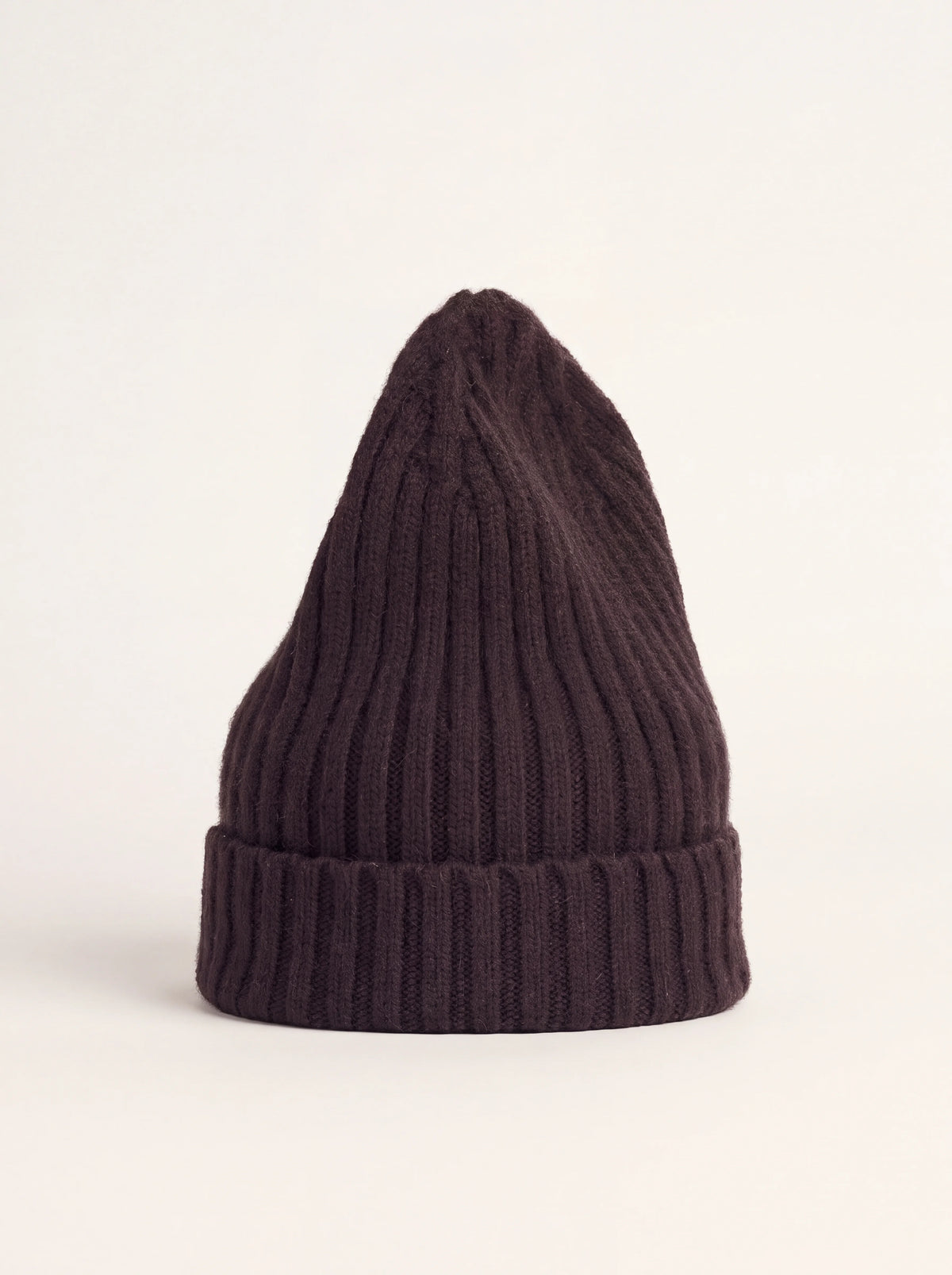 Tall ribbed wool beanie in espresso brown with a wide turn-up cuff