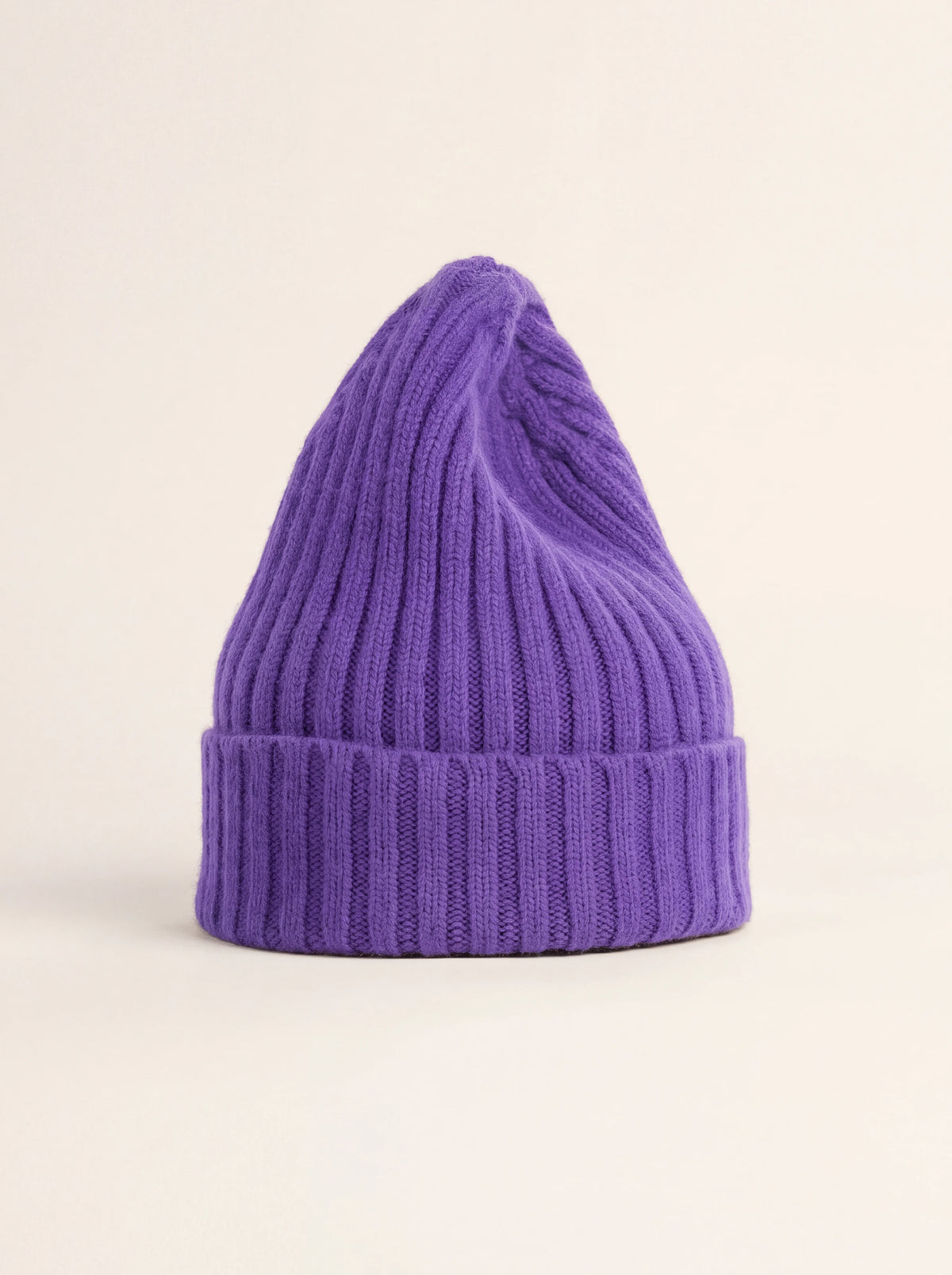 Grape purple tall ribbed wool beanie with a wide turn-up cuff