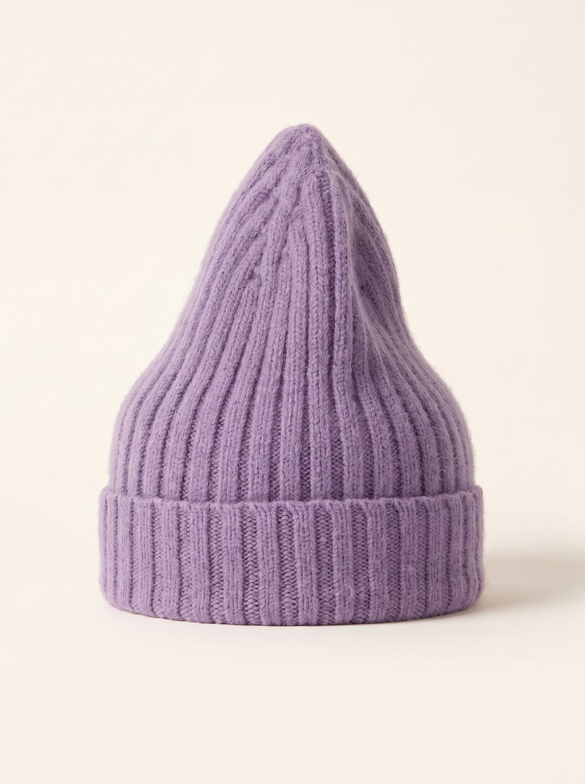 Tall ribbed wool-blend beanie in lavender with an elongated crown and folded cuff