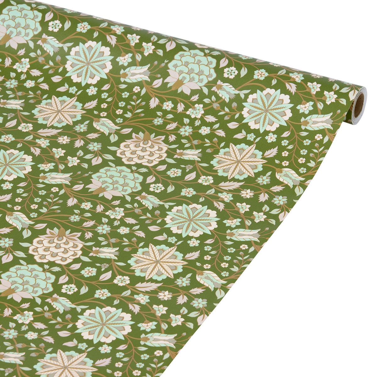 Green wrapping paper roll featuring an intricate floral pattern with stylized blossoms and foliage