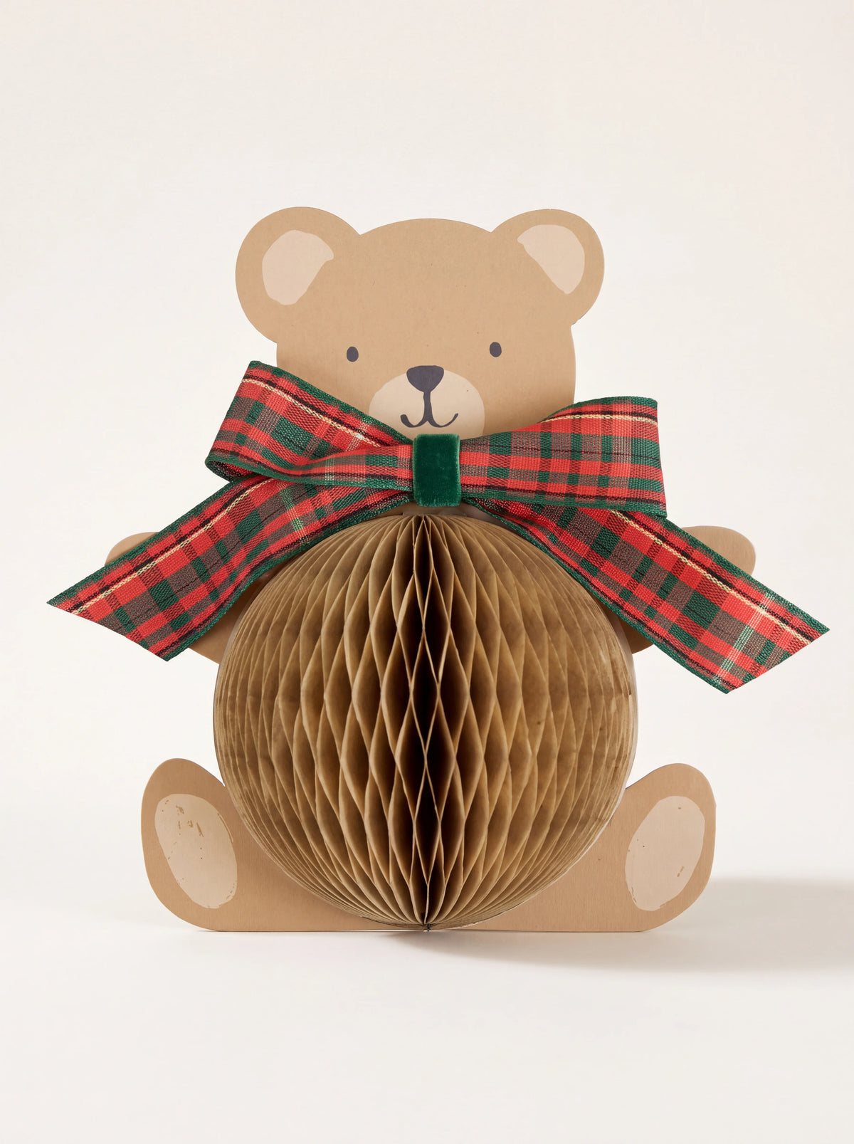 Teddy bear paper greeting card with an expanded honeycomb belly and a red and green tartan bow tie
