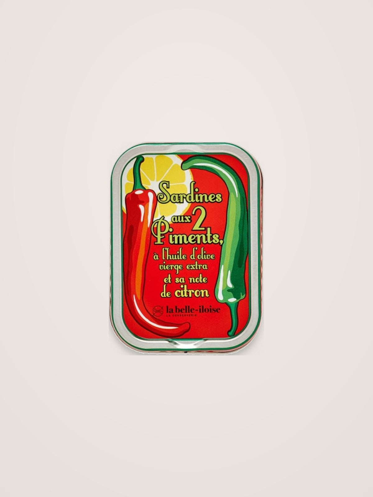 Red tin of sardines with illustrated red and green chillies, lemon slice, and French labelling on the lid
