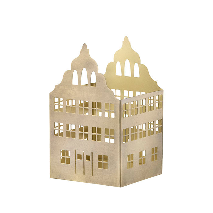 Townhouse candle holder angled to show the open top and window cut-outs on the side panel