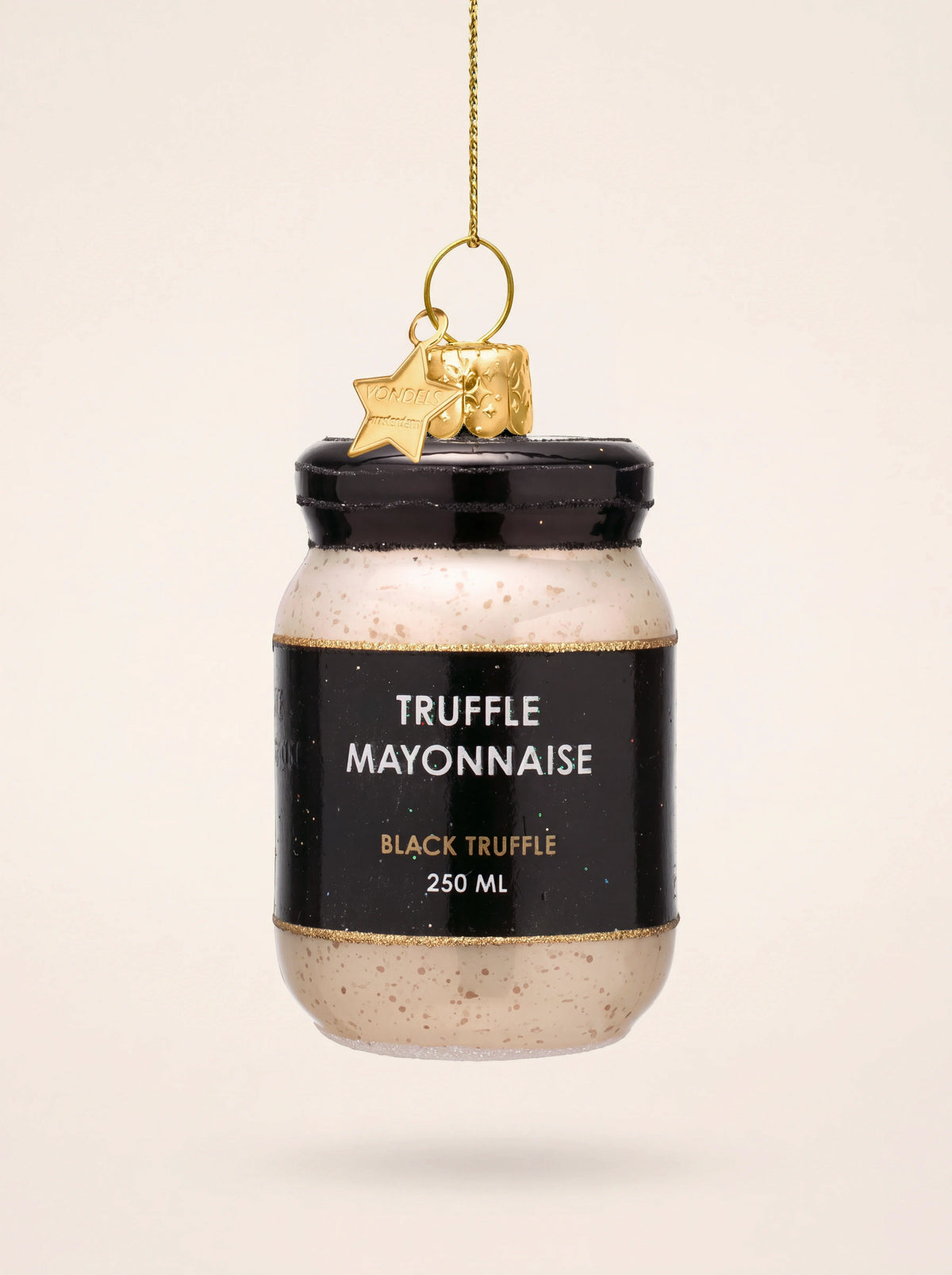 Glass truffle mayonnaise jar Christmas ornament with black label and gold star charm