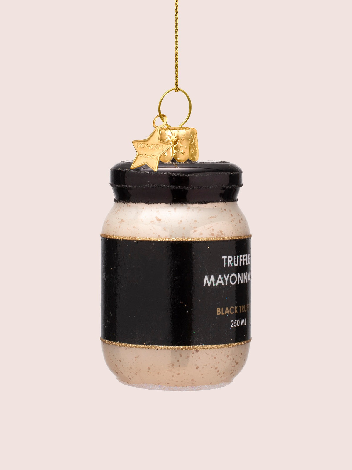 Three-quarter view of the jar ornament displaying the speckled cream finish and black lid