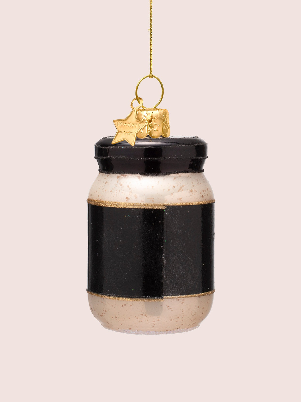 Reverse view of the glass jar ornament showing the plain black label band with glitter borders