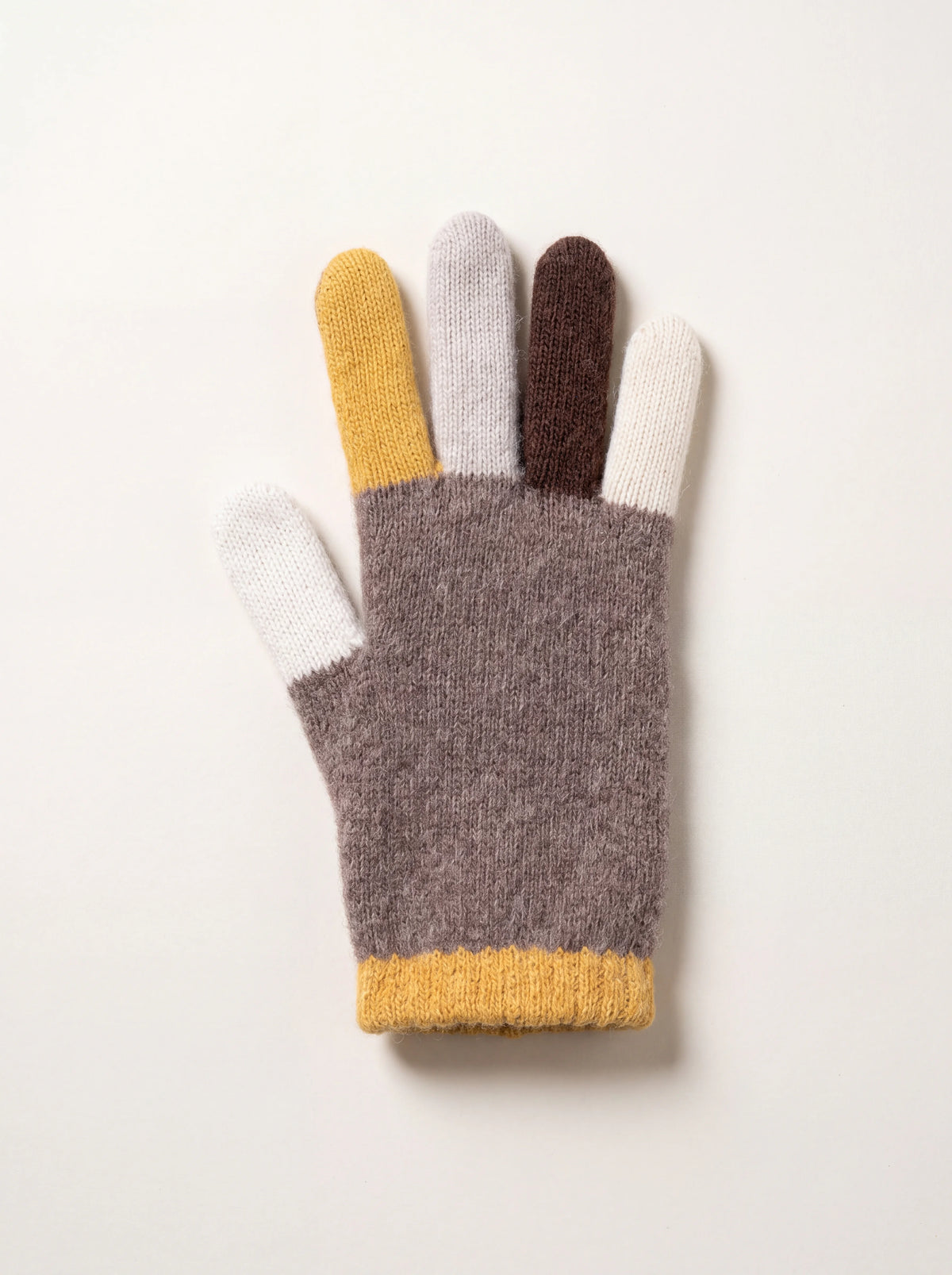 Knitted wool and cashmere glove with a brown-grey hand, ribbed yellow cuff and multicoloured fingers