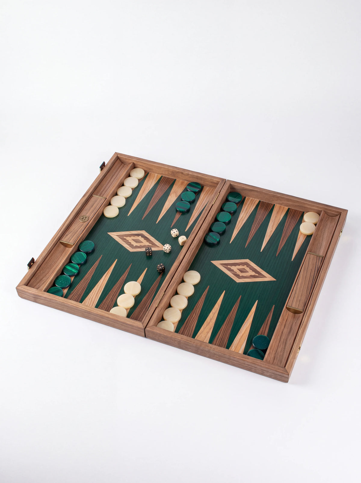 Open wooden backgammon board with green oak field, inlaid points, checkers and dice in play