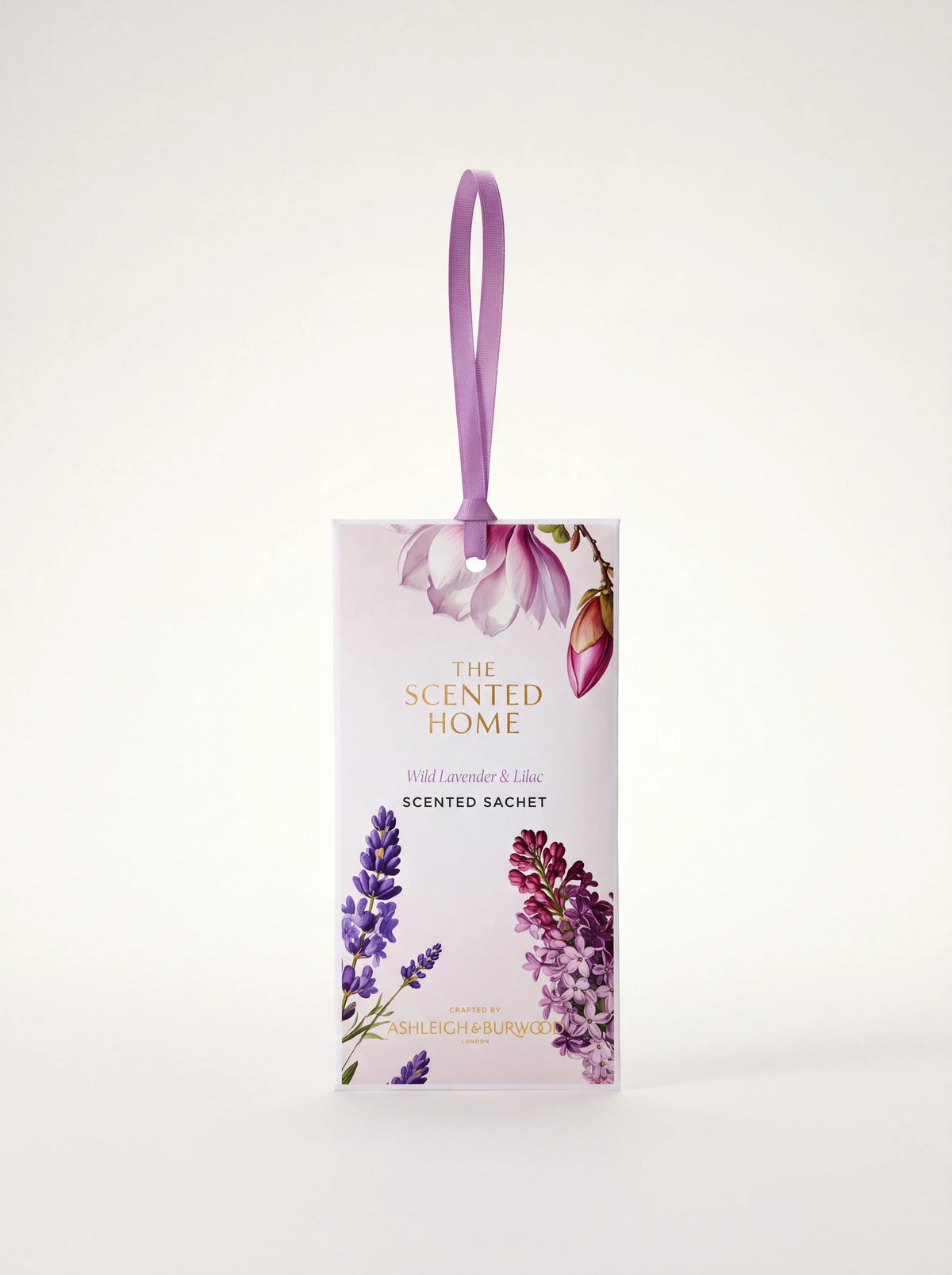 Scented sachet with a purple ribbon loop and botanical illustrations of lavender and lilac blossoms