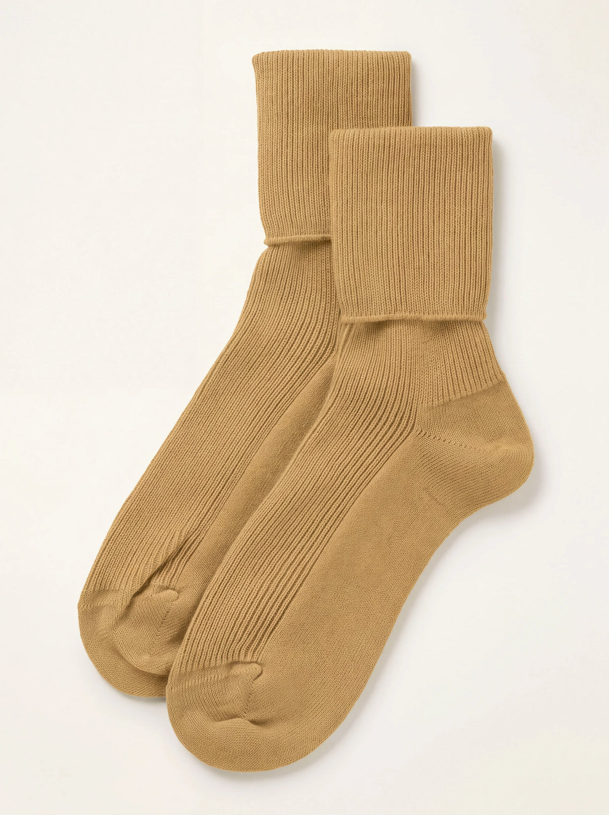 Pair of camel ribbed cashmere ankle socks with thick fold-over cuffs