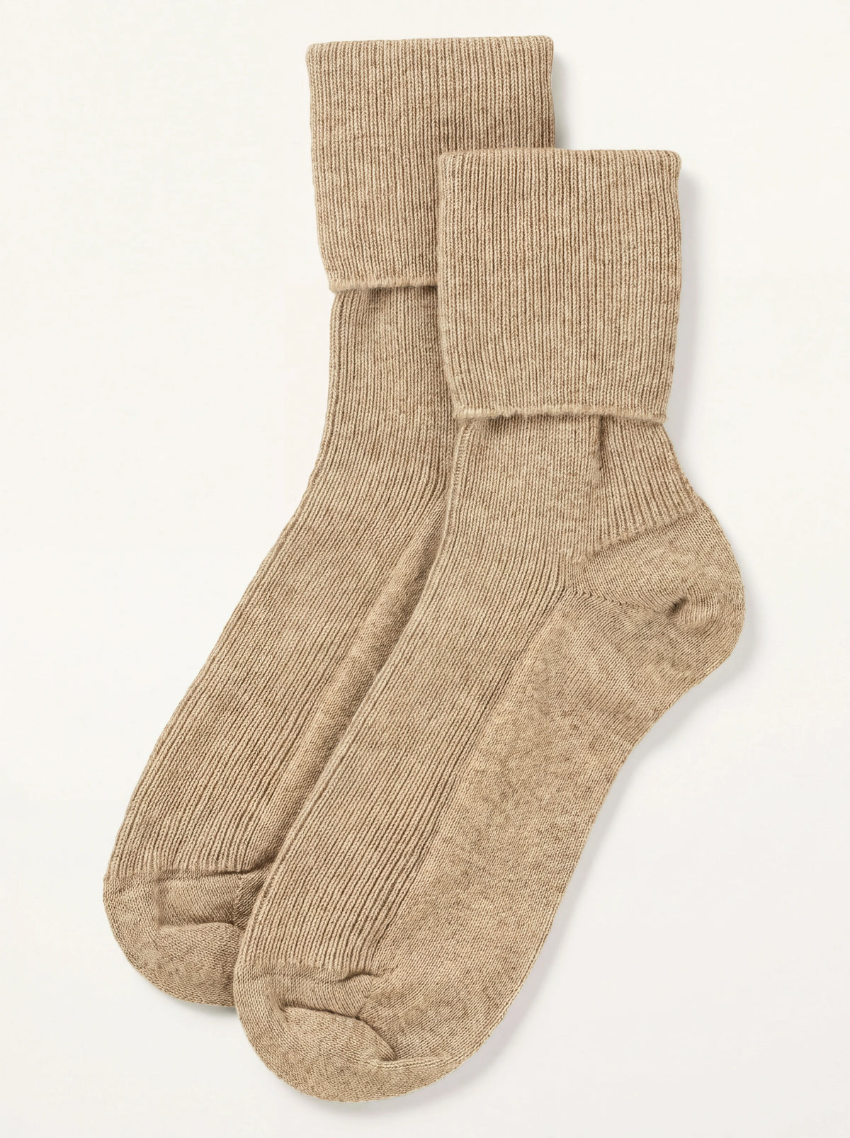 Ribbed oatmeal cashmere ankle socks with fold-over cuffs, laid flat as a pair