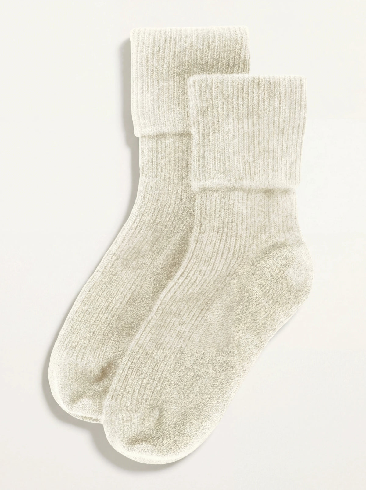 Pair of ivory ribbed cashmere travel socks with fold-over cuffs