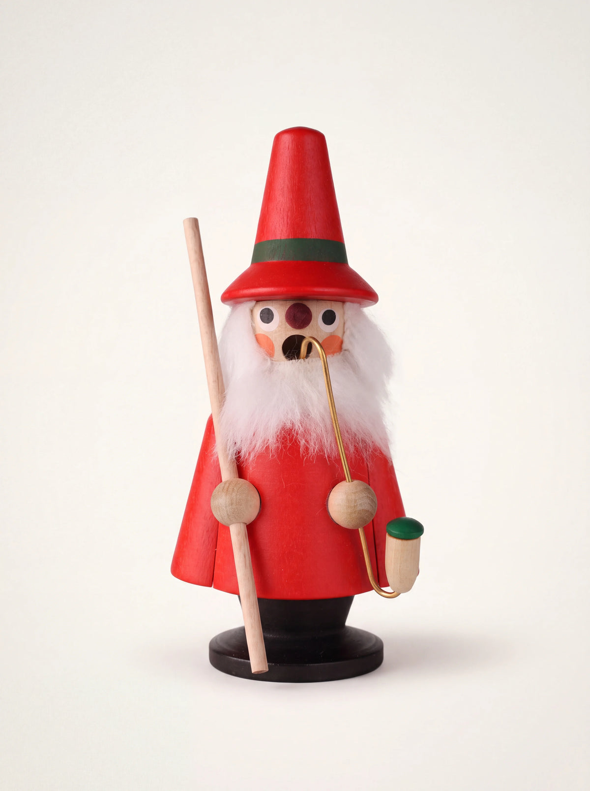 Red wooden gnome incense smoker with a tall pointed hat, white beard, walking stick and curved pipe
