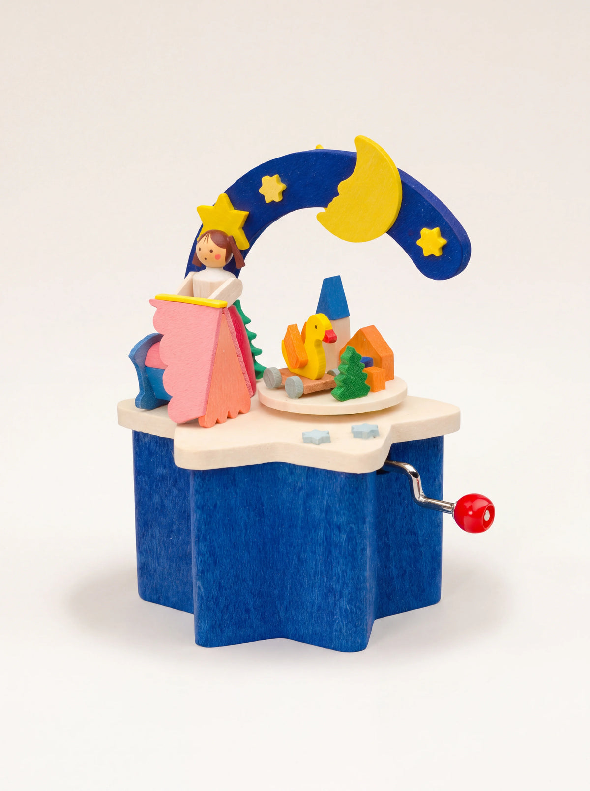 Maple wood music box with a blue star-shaped base, metal crank, and miniature wooden figures under a moon arch