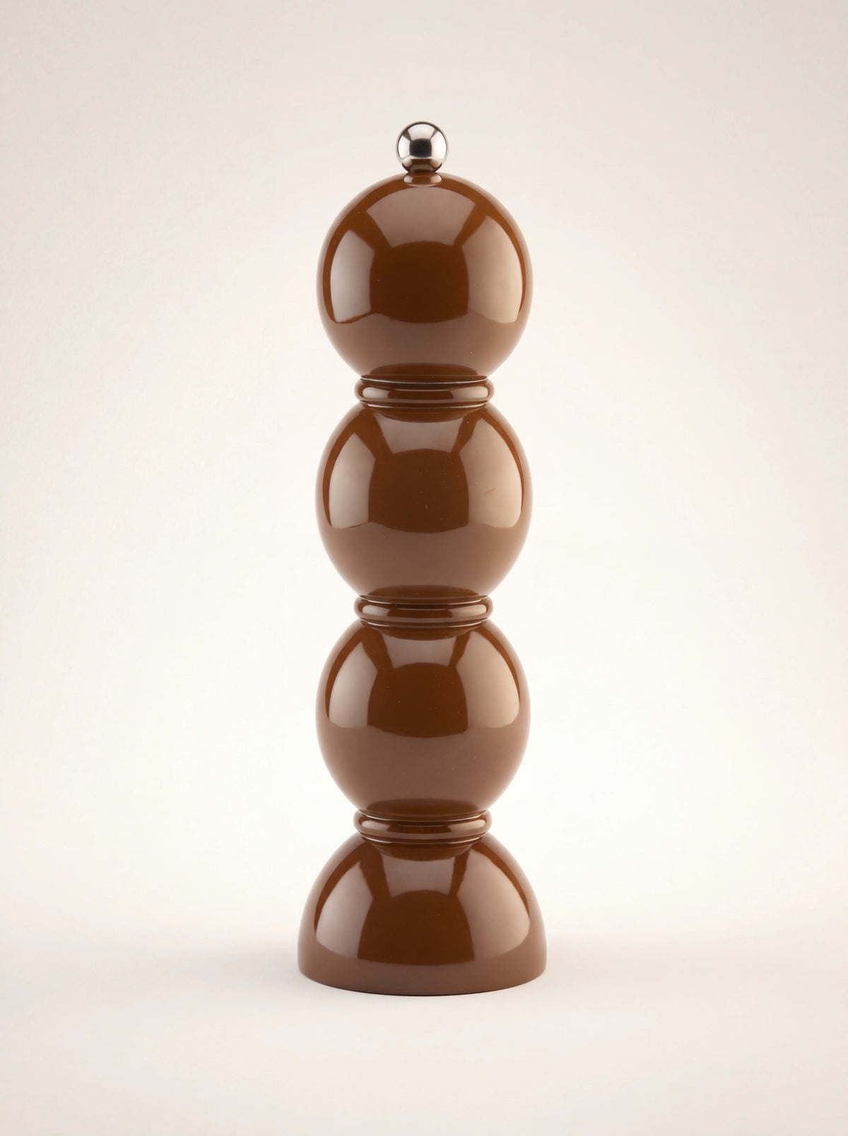 Chocolate brown bobbin salt and pepper mill in high-gloss lacquered wood with a metal screw knob