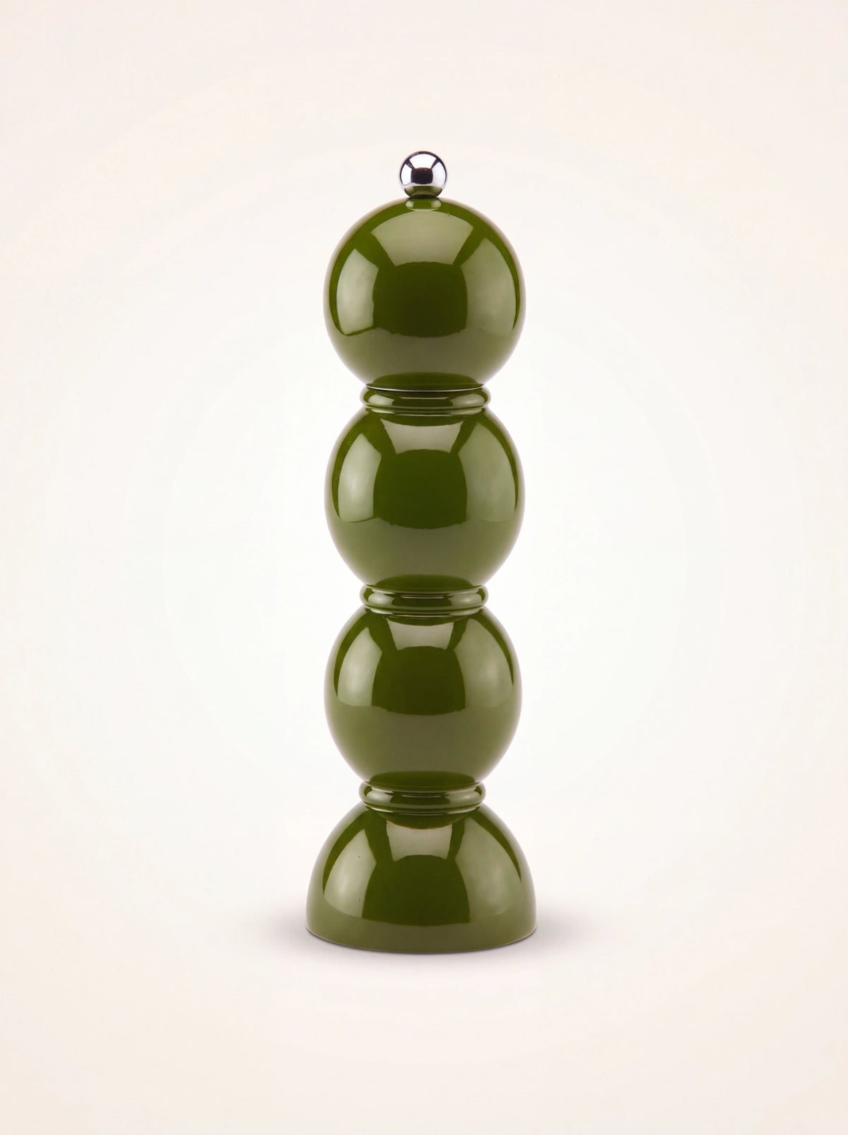 Glossy khaki lacquered wooden salt or pepper mill with a stacked bobbin shape and silver top knob
