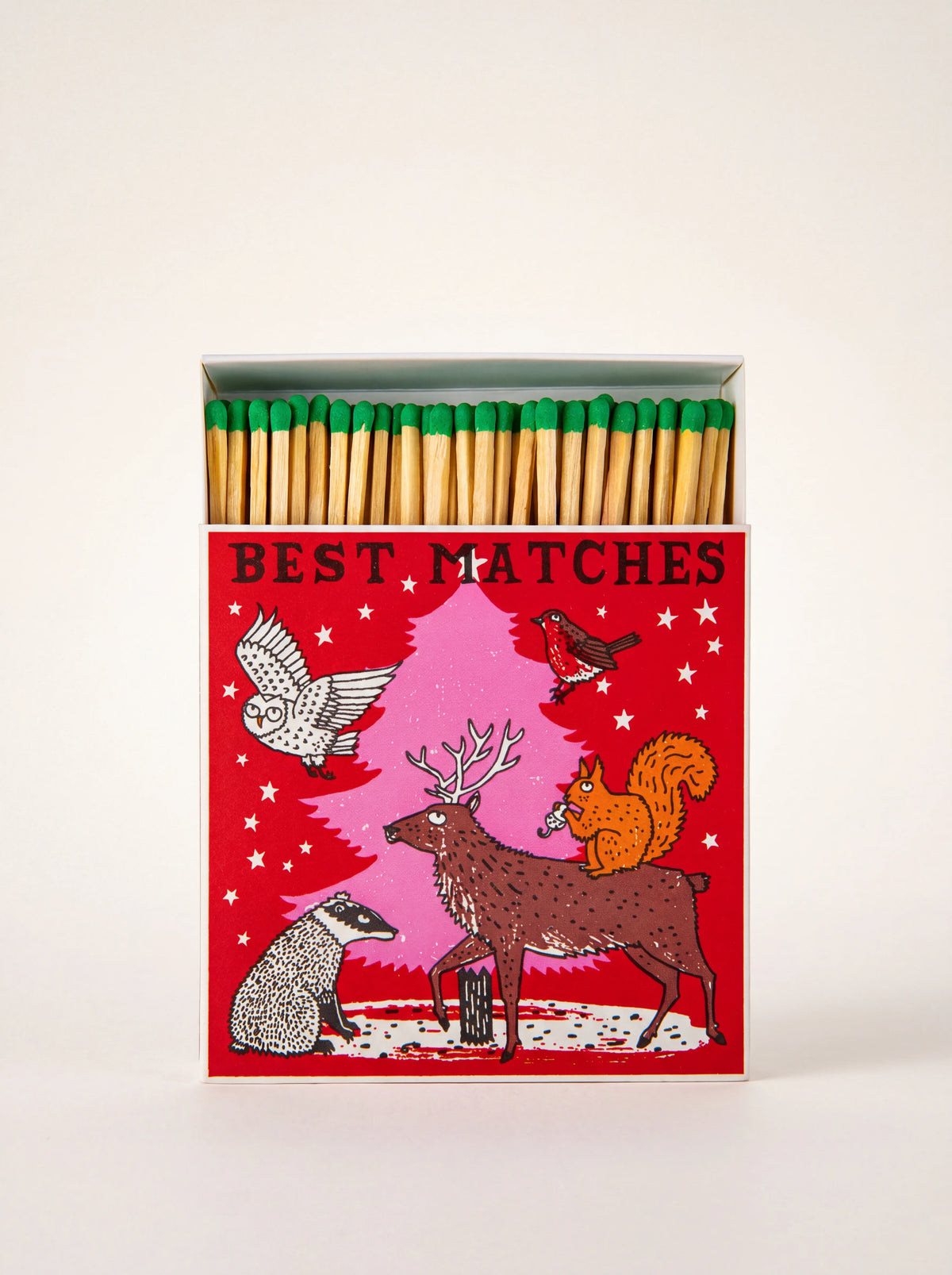 Square matchbox reading Best Matches with woodland animals illustration, opened to show green-tipped matches