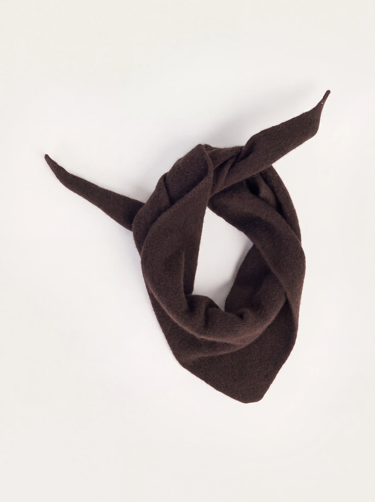 Espresso brown knitted wool bandana, loosely looped showing pointed tapered ends